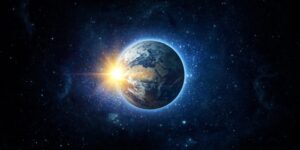 Panoramic view of the Earth, sun, star and galaxy. Sunrise over planet Earth, view from space. Elements of this image furnished by NASA