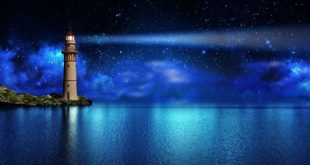 Safety and hope concept, a lighthouse on a tropical island on the ocean with a beam of light in the night sky with stars